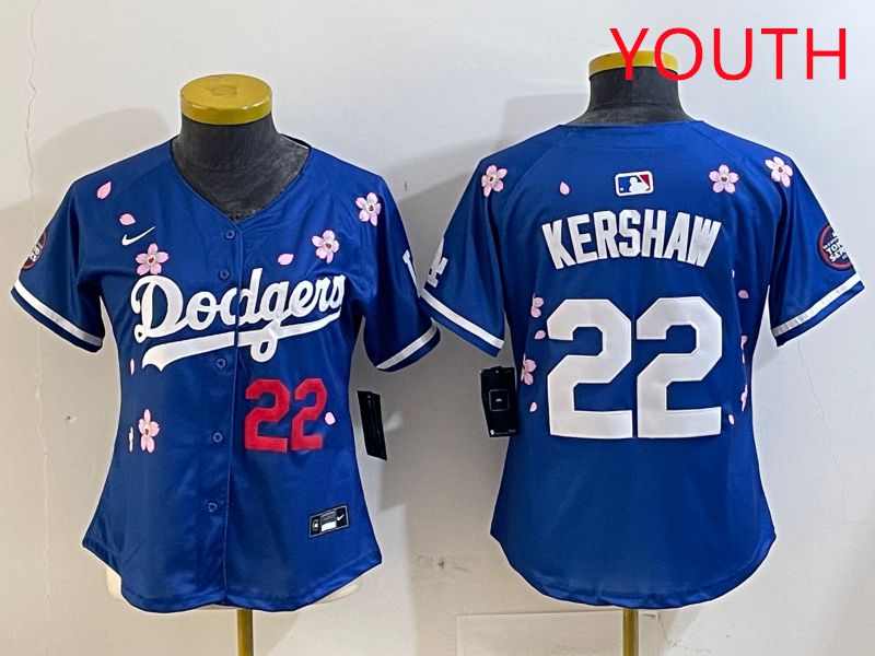 Youth Los Angeles Dodgers 22 Kershaw Blue White Blue Sakura Edition 2025 Nike MLB Jersey style 3